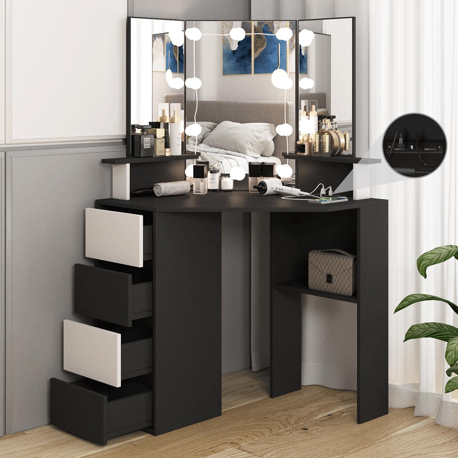 Veanerwood Corner Vanity Desk with Lighted Mirror & Charging Station,Black Makeup Vanity Table with Lights,42 inch Corner Vanity Mirror with Lights and 4 Drawer, 3 Lighting Modes, Brightness Adjustable White
