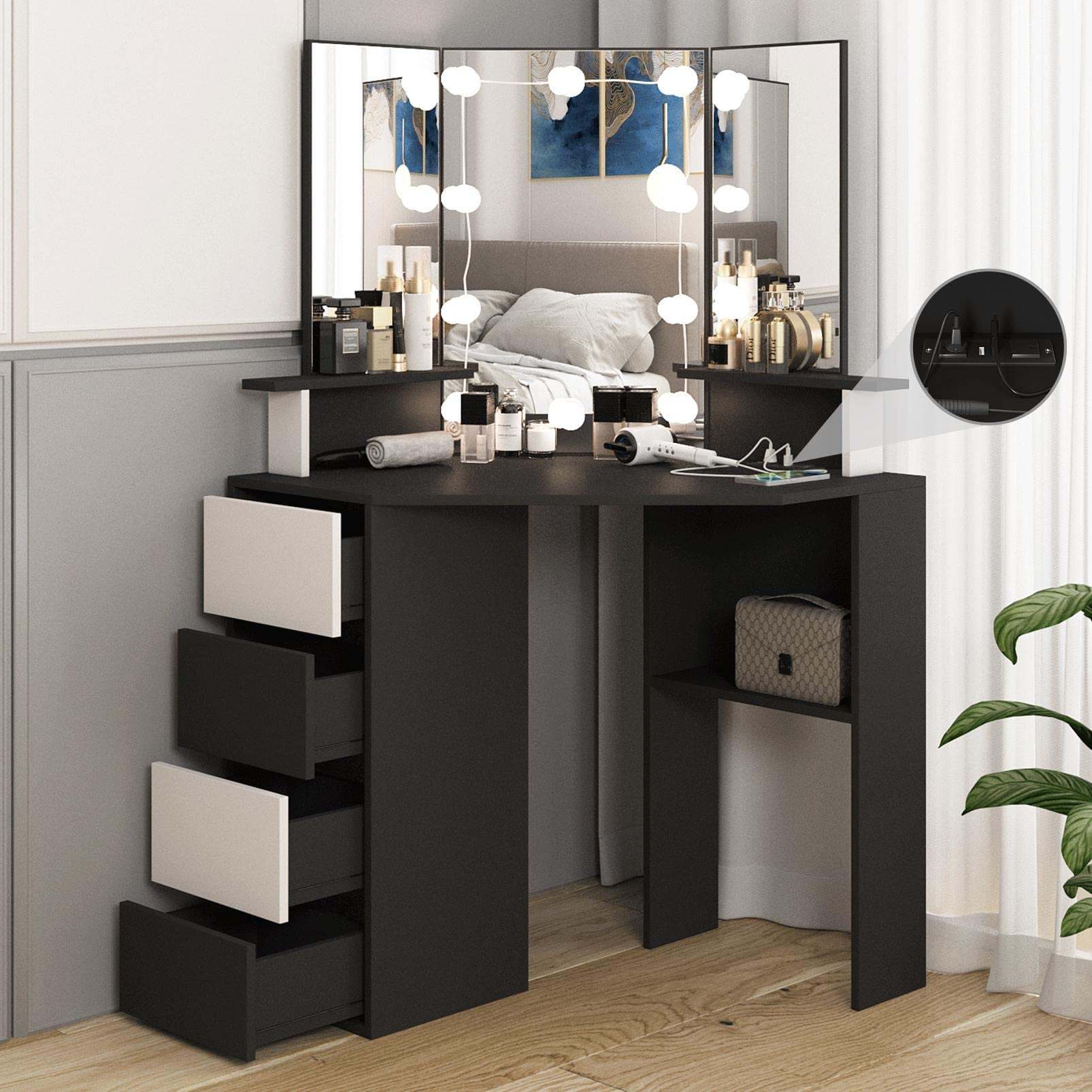 Veanerwood Corner Vanity Desk with Lighted Mirror & Charging Station,Black Makeup Vanity Table with Lights,42 inch Corner Vanity Mirror with Lights and 4 Drawer, 3 Lighting Modes, Brightness Adjustable White