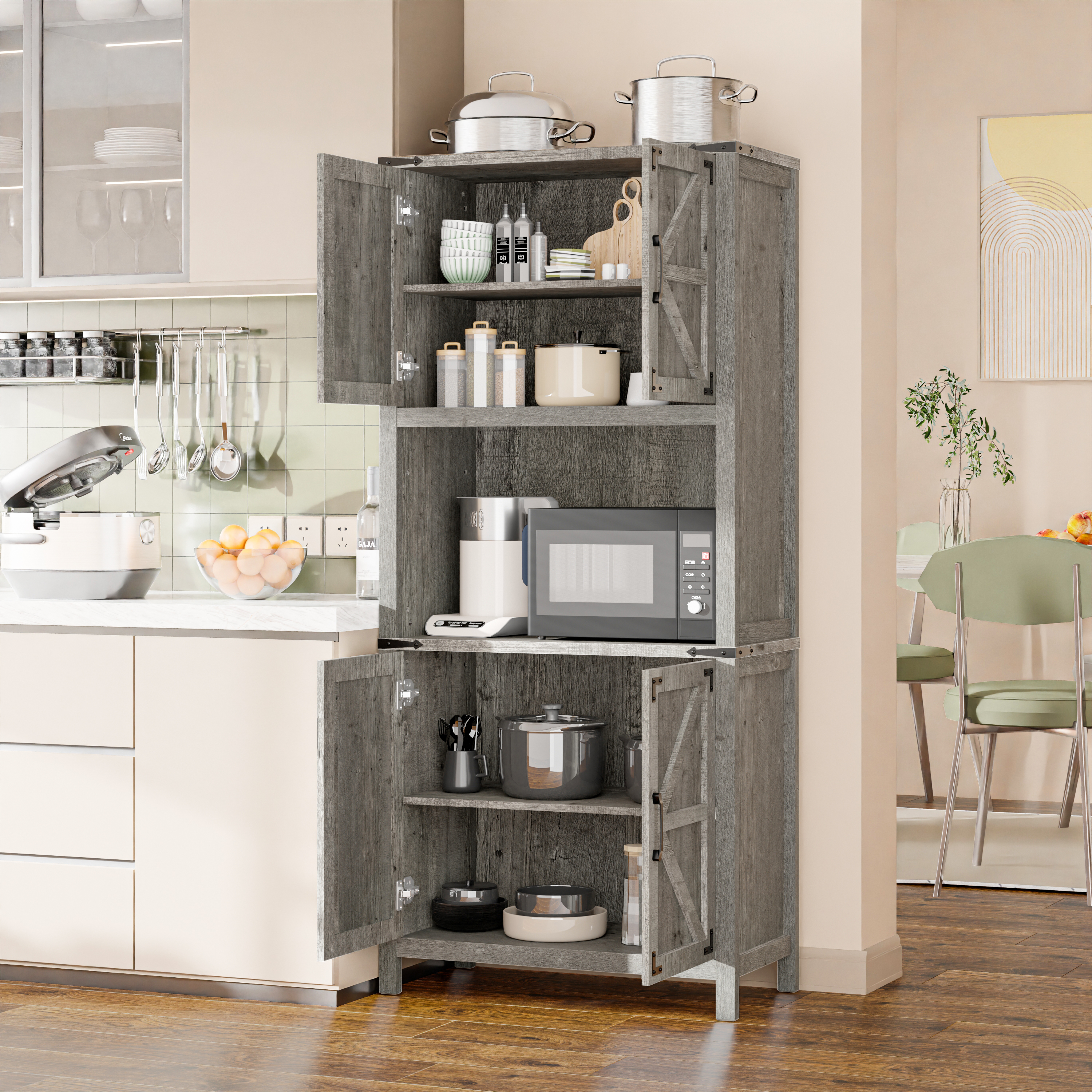 Vabches 69" H 6-Tier Farmhouse Storage Cabinet, perfect for Living Room, Lounge, Kitchen