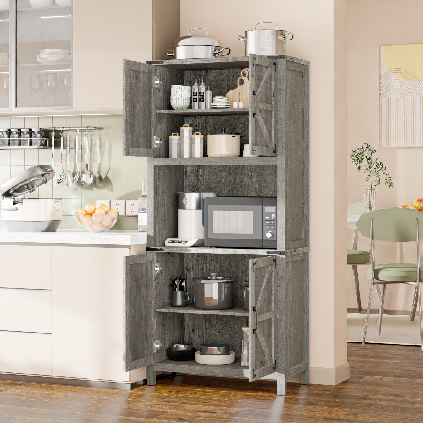 Vabches 69" H 6-Tier Farmhouse Storage Cabinet, perfect for Living Room, Lounge, Kitchen