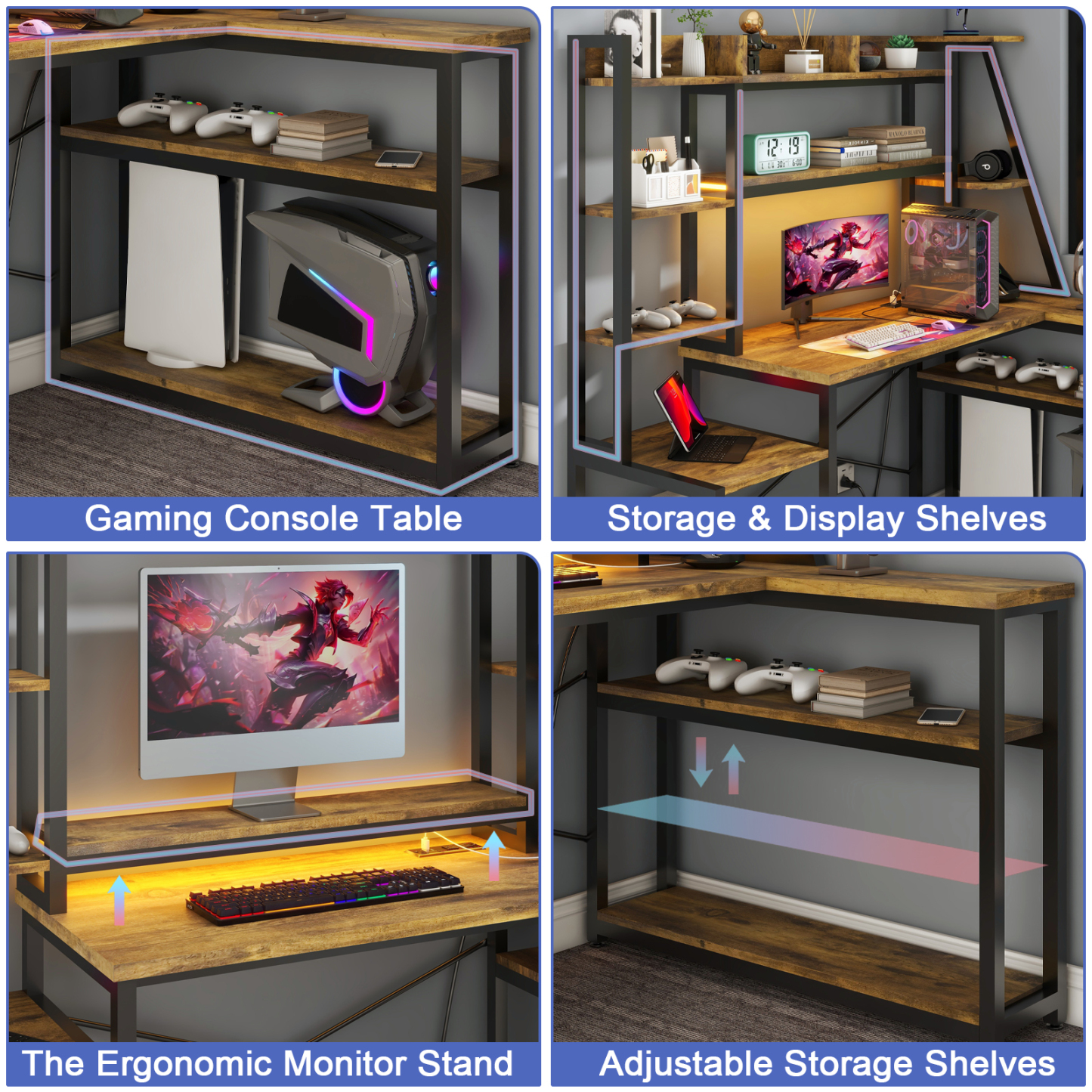 Vabches L Shape Computer Desk with LED Lights and Power Outlets, L Shaped Gaming Desk with 2 Drawers Hutch Monitor Stand