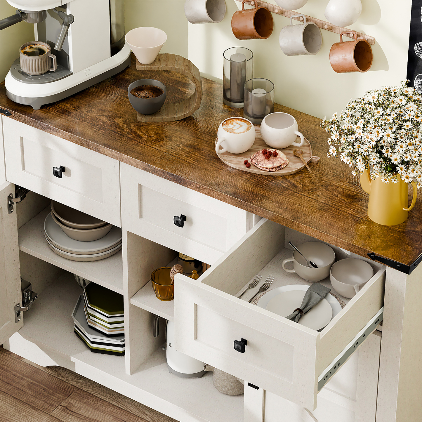 Vabches Farmhouse Buffet Cabinet features barn-style doors, drawers, and shelves, providing ample storage for living rooms, dining rooms, and kitchens