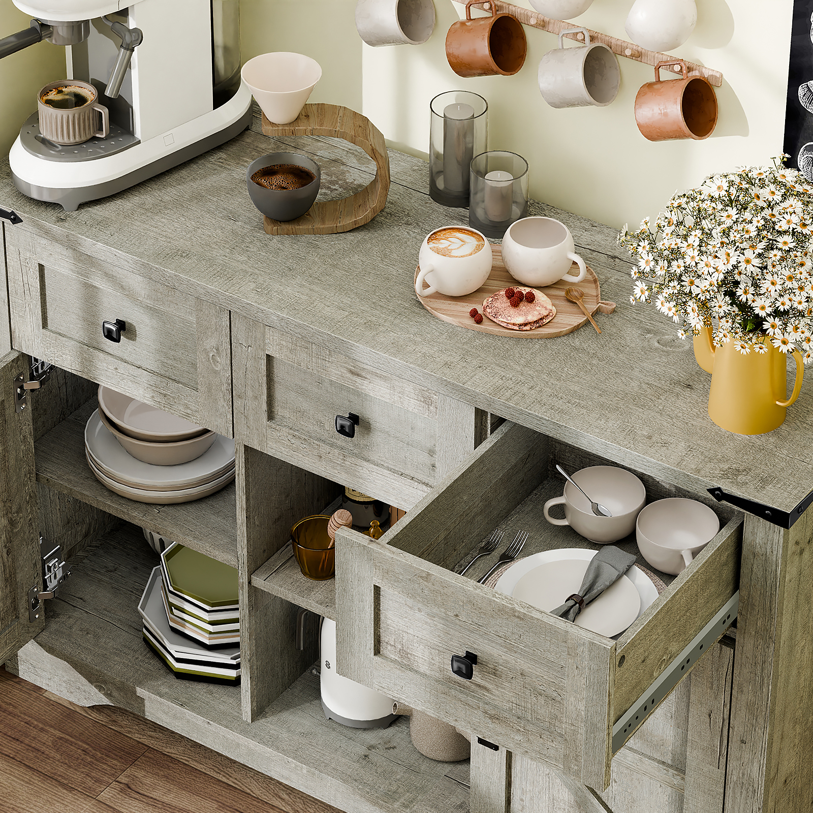 The Vabches Farmhouse Buffet Cabinet features barn-style doors, drawers, and shelves, providing ample storage for living rooms, dining rooms, and kitchens