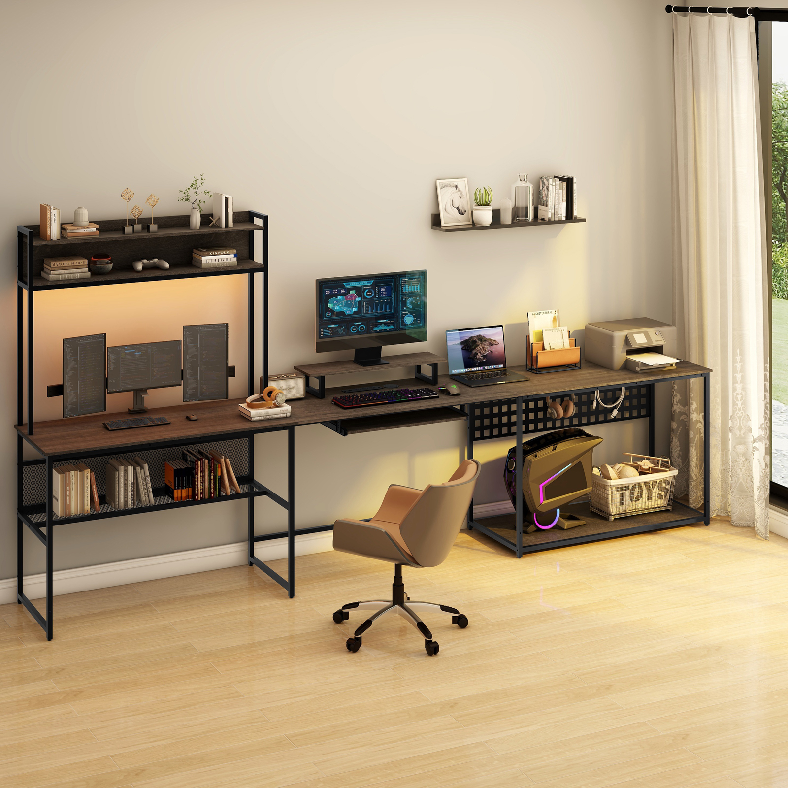 Vabches U Shaped Office Desk with LED Lights, L Shaped Desk with Power Outlet and Monitor Stand, Grey