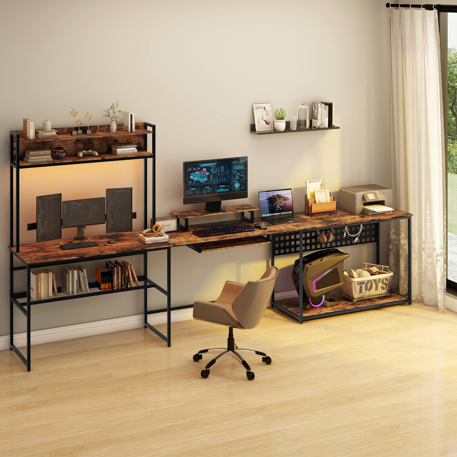 Vabches U Shaped Office Desk with LED Lights, L Shaped Desk with Power Outlet and Monitor Stand, Brown