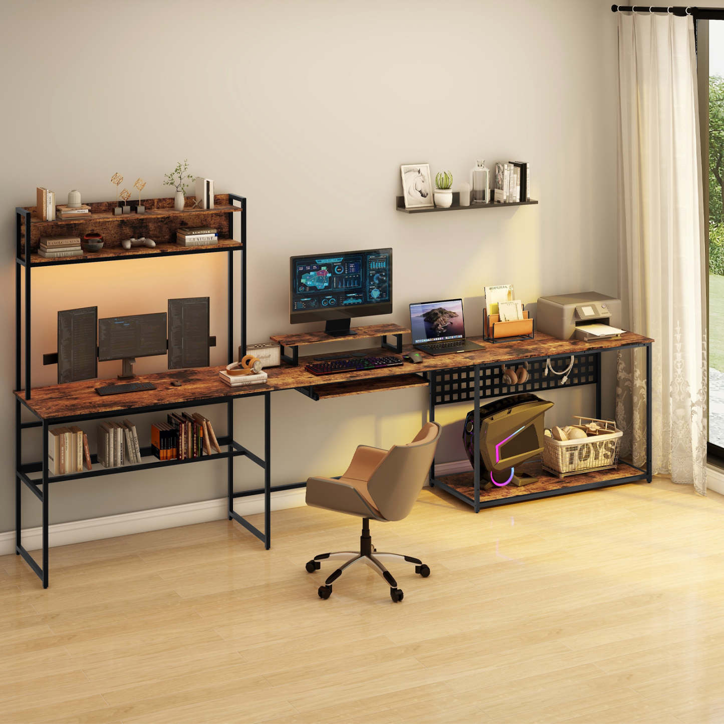 Vabches U Shaped Office Desk with LED Lights, L Shaped Desk with Power Outlet and Monitor Stand, Brown