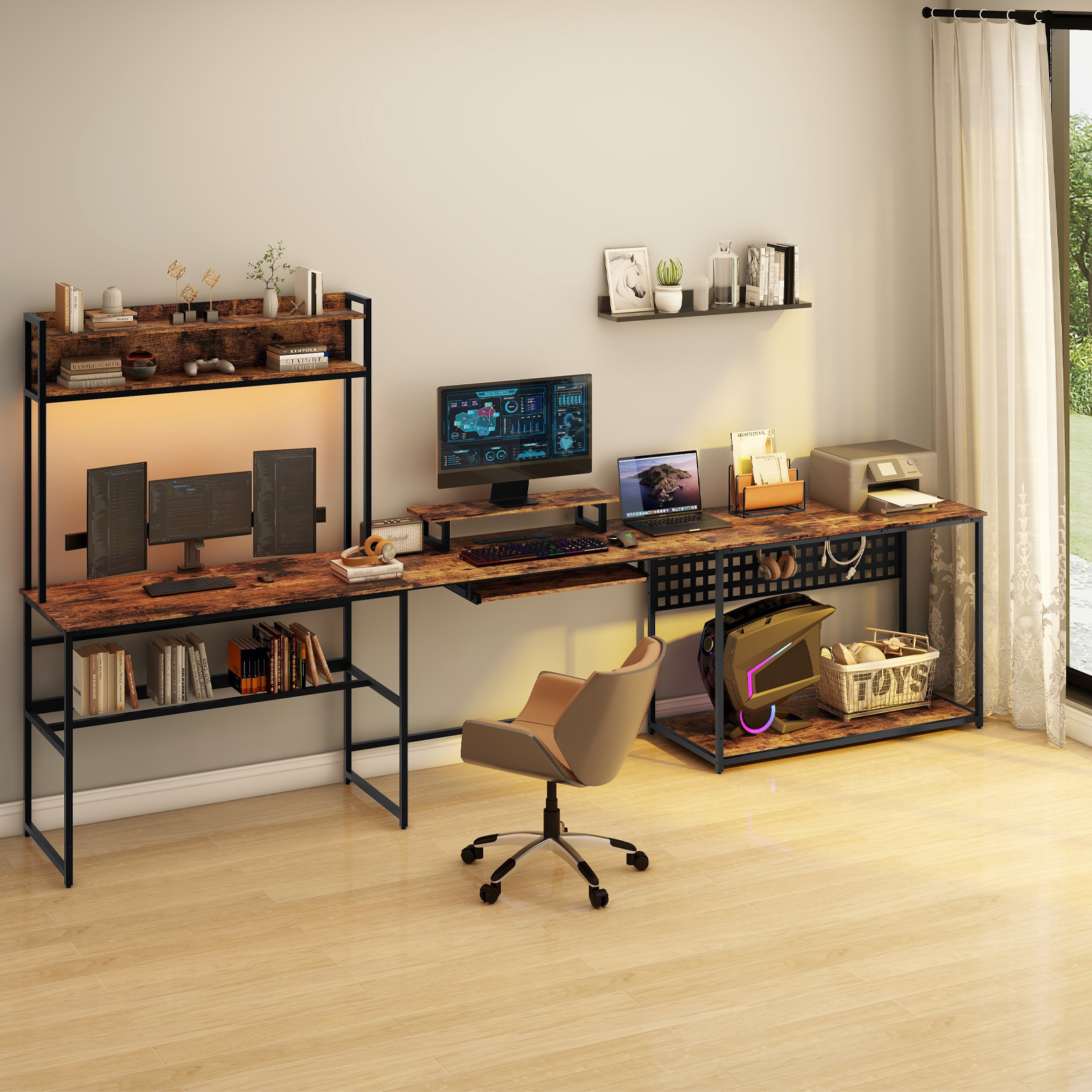 Vabches U Shaped Office Desk with LED Lights, L Shaped Desk with Power Outlet and Monitor Stand, Brown