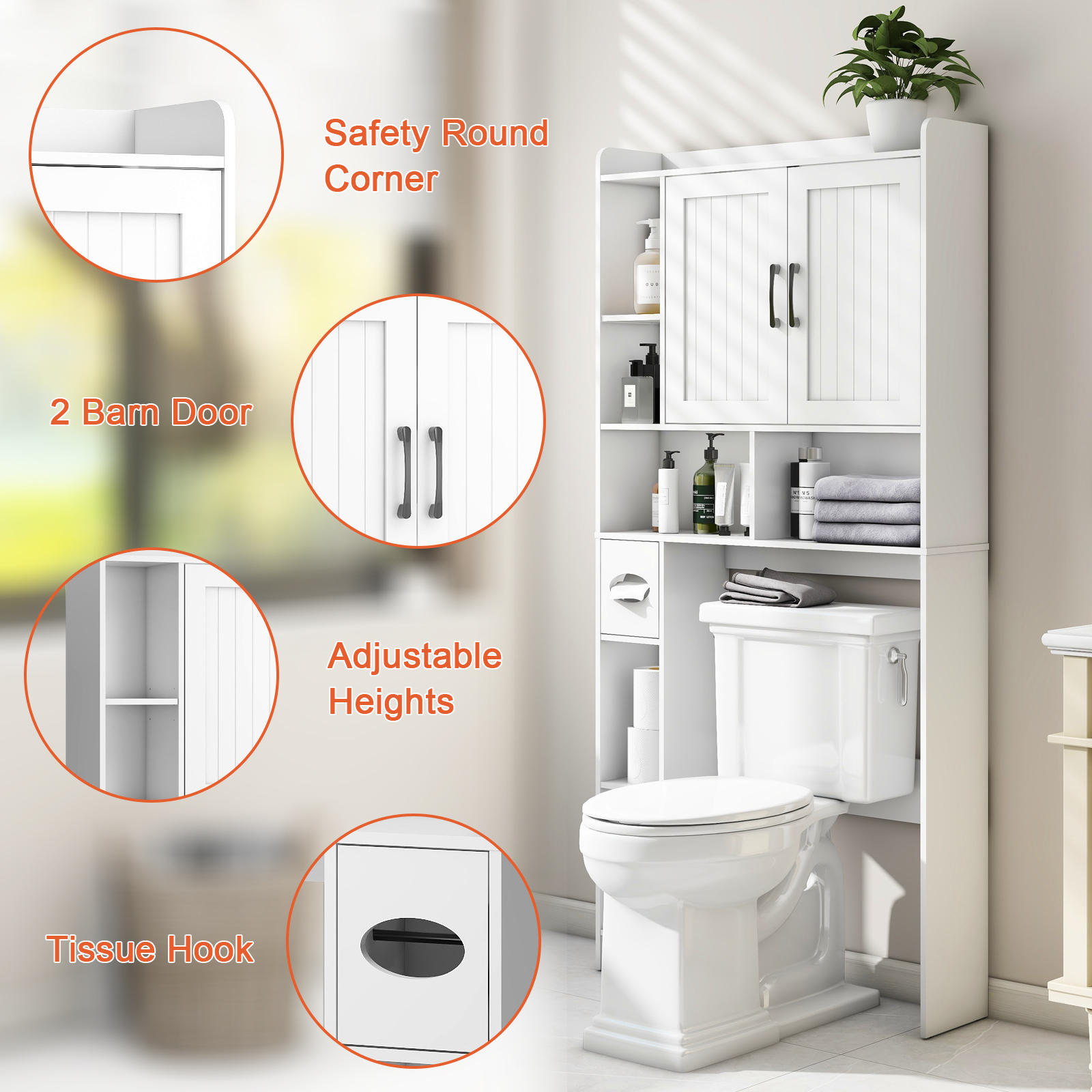 Over The Toilet Storage Cabinet, Farmhouse Storage Cabinet Over Toilet with 2 Barn Door & Toilet Paper Holder Stand，Home Space-Saving Toilet Rack, for Bathroom, Restroom, Laundry(White)