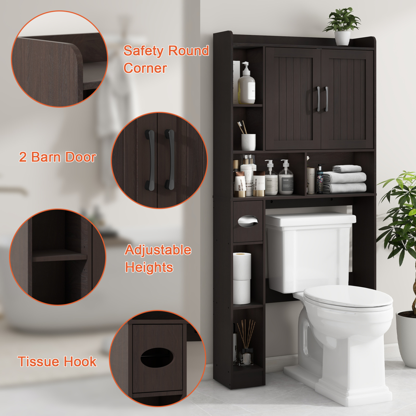 Over The Toilet Storage Cabinet, Farmhouse Storage Cabinet Over Toilet with 2 Barn Door & Toilet Paper Holder Stand，Home Space-Saving Toilet Rack, for Bathroom, Restroom, Laundry(Espresso)