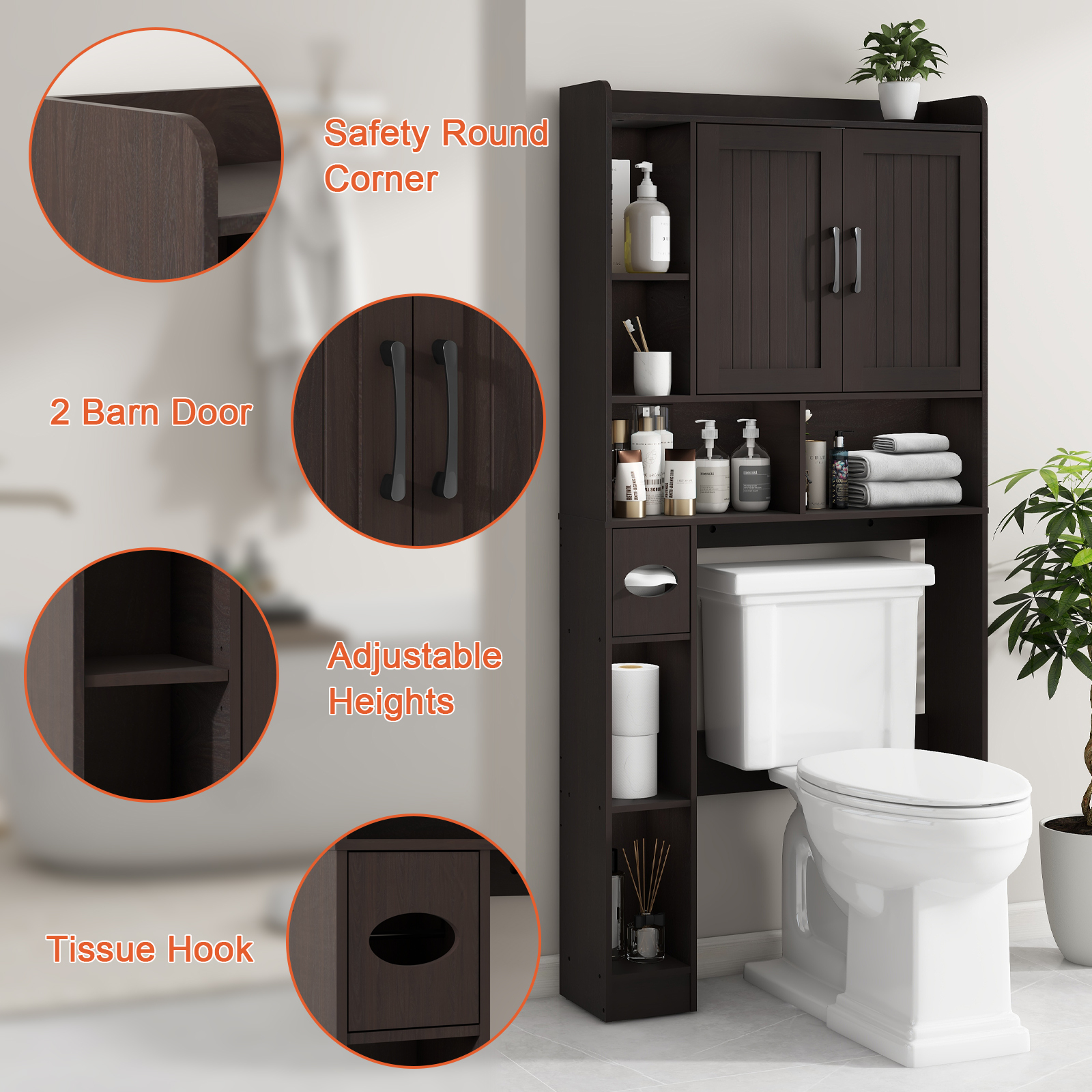 Over The Toilet Storage Cabinet, Farmhouse Storage Cabinet Over Toilet with 2 Barn Door & Toilet Paper Holder Stand，Home Space-Saving Toilet Rack, for Bathroom, Restroom, Laundry(Espresso)