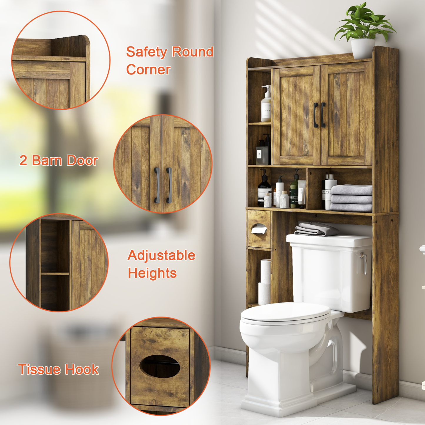 Over The Toilet Storage Cabinet, Farmhouse Storage Cabinet Over Toilet with 2 Barn Door & Toilet Paper Holder Stand，Home Space-Saving Toilet Rack, for Bathroom, Restroom, Laundry(Brown)