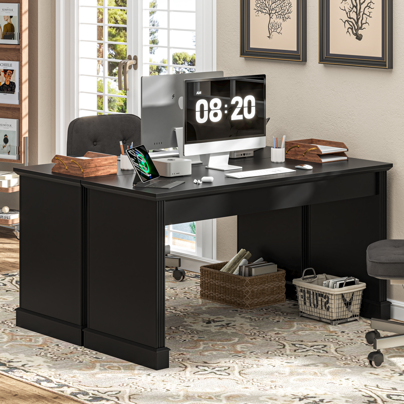 Farmhouse 59" Executive Computer Desk, Simple and Spacious Workstation for Remote Work & Study, Home Office, Pure Black