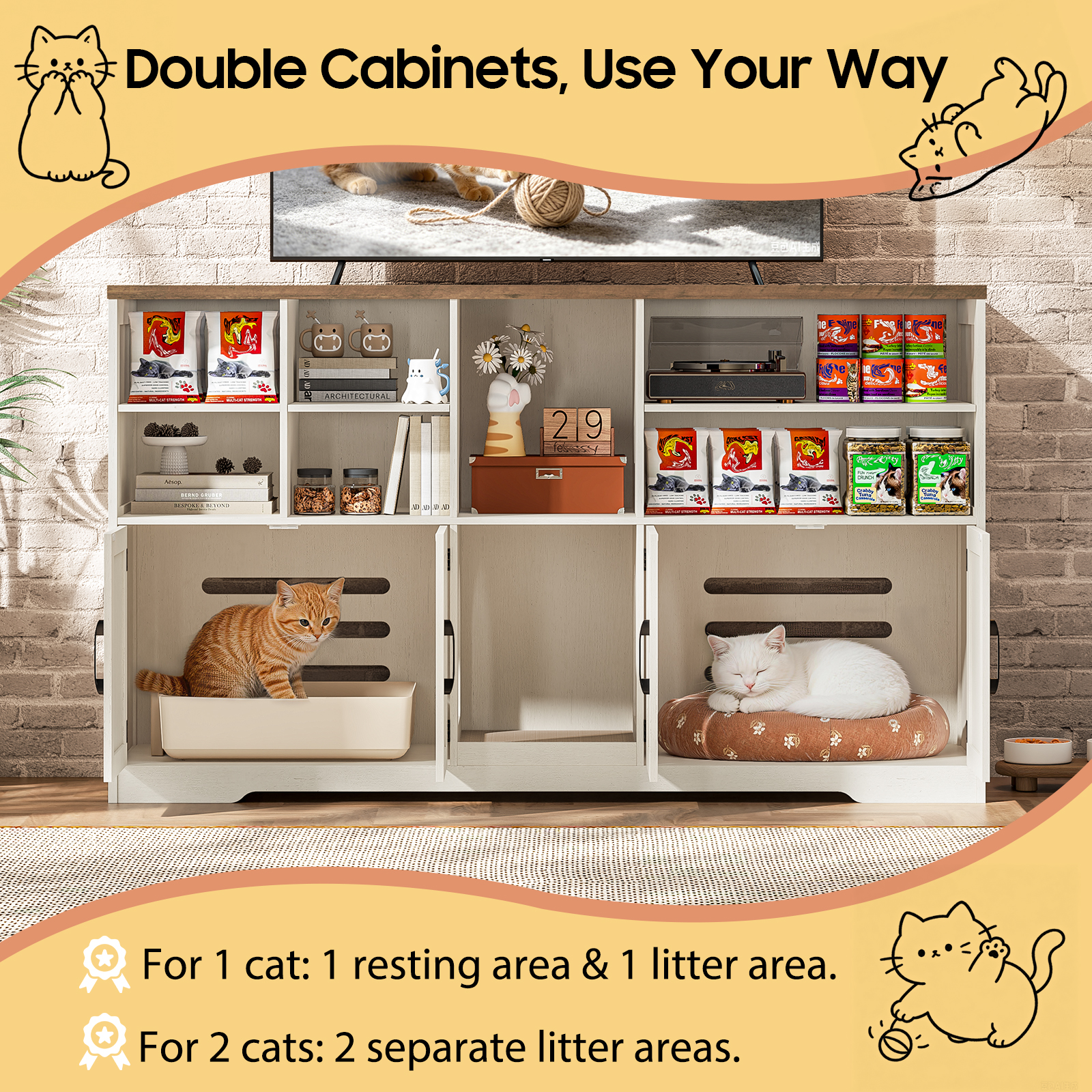 Halitaa Double Litter Box Enclosure for 2 Cats, 57" Farmhouse Litter Box Furniture Hidden with Cat Scratch Pad, Large Indoor Cat House with Double Room, Wooden Litter Box Cabinet, TV Stand, Rustic White