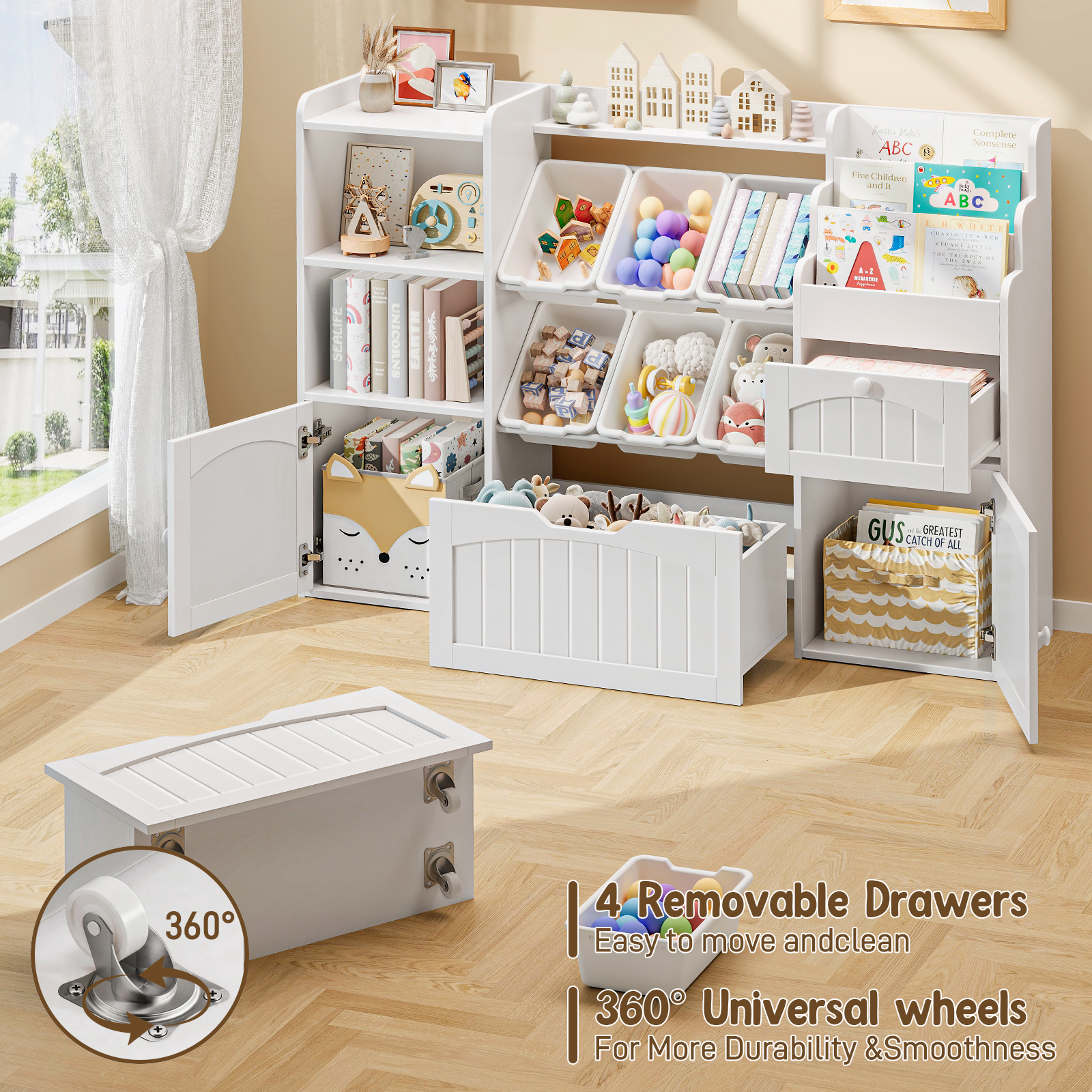 Halitta Toy Storage Organizer with Movable Drawer, Kids Bookshelf with 6 Toy Bins and 3-Tier Book Rack, Playroom Storage Organization with 2 Open Cubbies and 2 Cabinet for Living Room, Kids Room, White