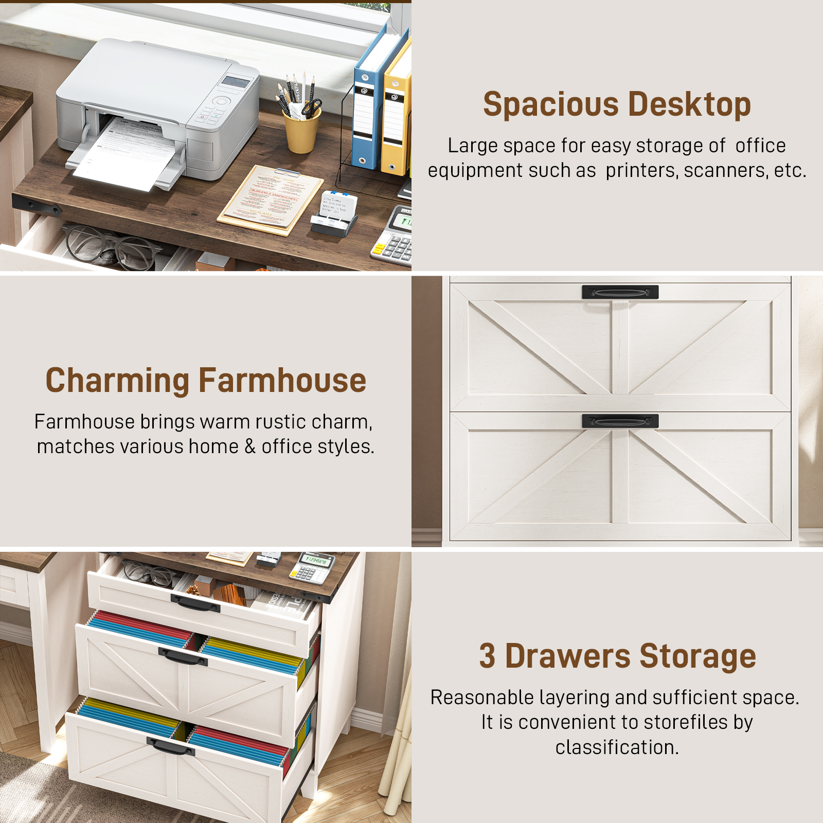 Halitaa Lateral File Cabinet with 3 Drawers, Wood Farmhouse File Cabinet for Home Office, Large Filing Storage Cabinets Printer Stand for Letter/Legal/A4 Size Hanging File, White and Brown