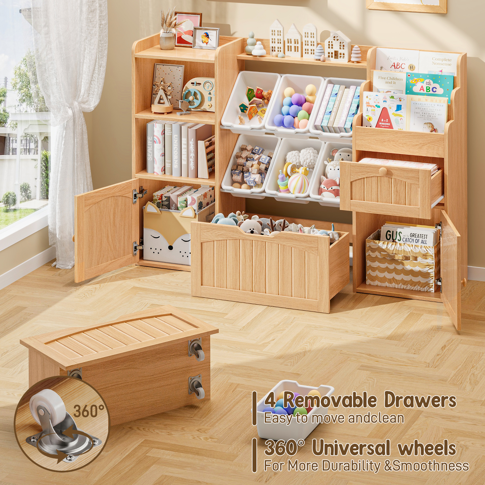 Halitaa Toy Storage Organizer with Movable Drawer, Kids Bookshelf with 6 Toy Bins and 3-Tier Book Rack, Playroom Storage Organization with 2 Open Cubbies and 2 Cabinet for Living Room, Kids Room, White