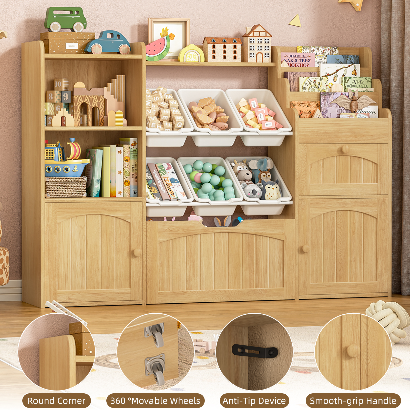 Befrases Toy Storage Organizer with Movable Drawer, Kids Bookshelf with bins, Toy Organizers and Storage with Hidden Wheels, Large Toy Storage and Toy Chest Storage for living room, Playroom, Kids Room, Oak