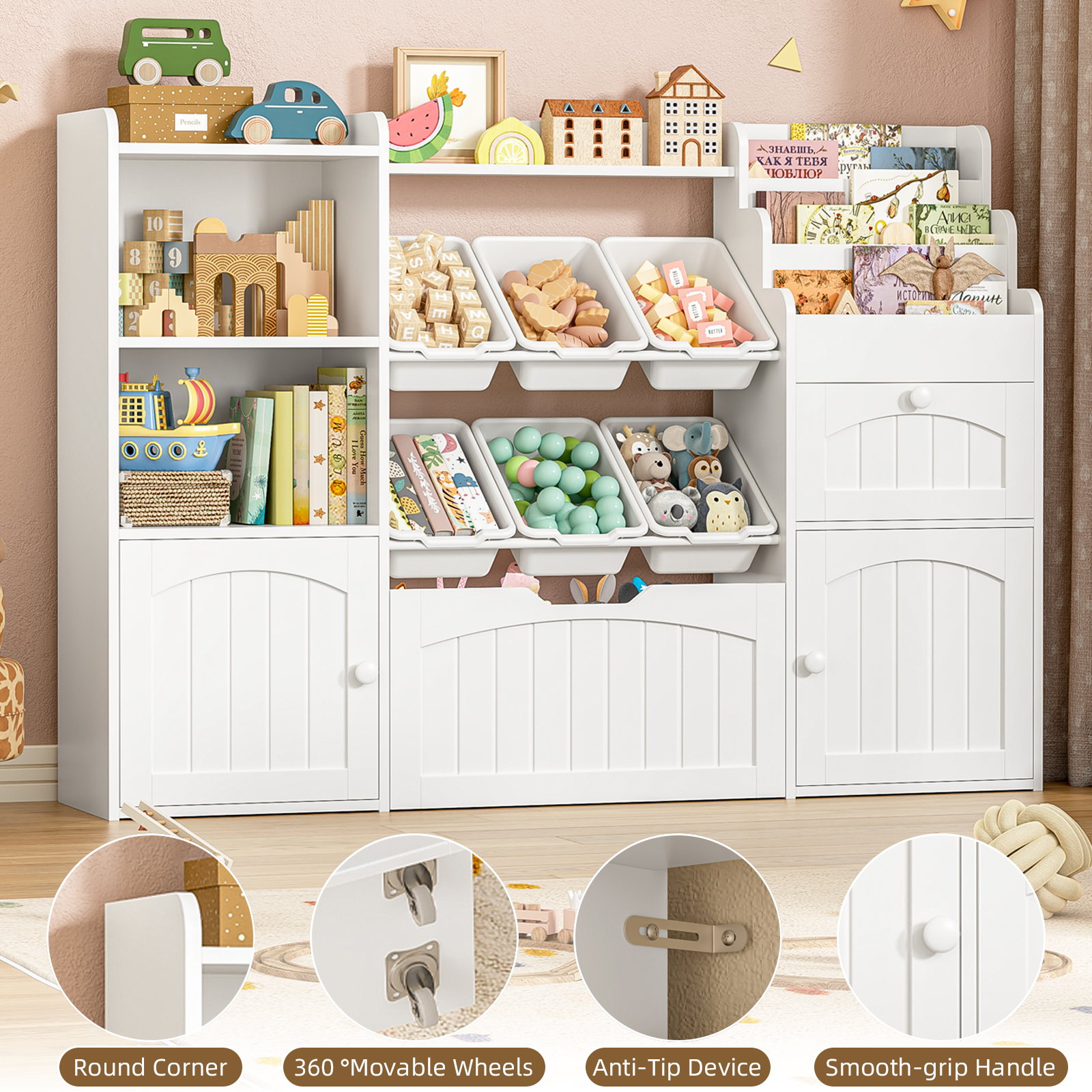 Befrases Toy Storage Organizer with Movable Drawer, Kids Bookshelf with bins, Toy Organizers and Storage with Hidden Wheels, Large Toy Storage and Toy Chest Storage for living room, Playroom, Kids Room, Oak