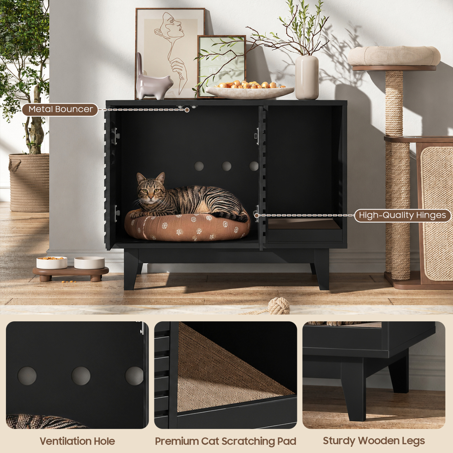 Halitaa 31.5" Cat Litter Box Enclosure, Hidden Litter Box Cabinet, Modern Indoor Cat House with Scratch Pad, Pet Storage Cabinet with 2 Doors, TV Stand for Living Room