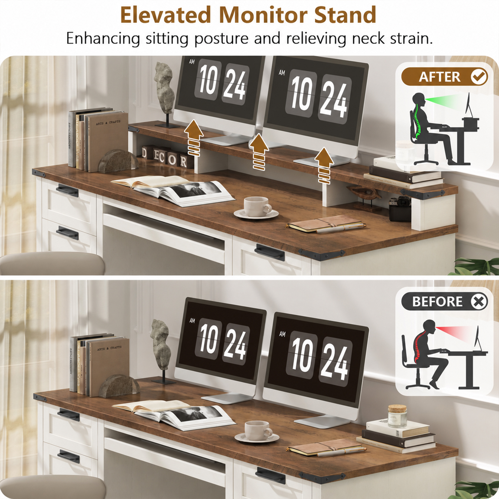 Halitaa 60" Farmhouse Executive Desk with 8 Drawers, Rustic White and Brown|Wood Computer Desk with Keyboard Tray & Monitor Stand, Writing Desk Workstation for Home Office, Bedroom, Study