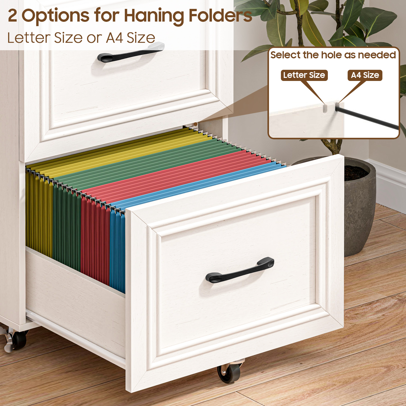 Halitaa 4 Drawers Tall Farmhouse File Cabinet with Wheels, Vertical Filing Cabinet Fits Letter/A4 Size, Rolling File Cabinet Wooden Printer Stand for Home Office, Rustic White 