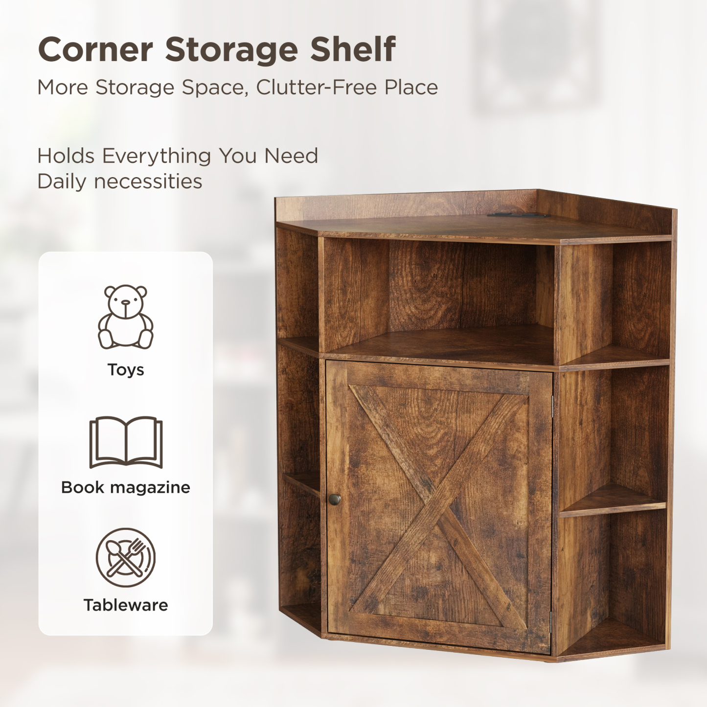 Corner Cabinet, Corner Storage Shelf with USB Ports and Outlets Industrial Organizer for Small Space Wooden 6-Cubby Bookshelf for Study, Playroom, Living Room (Amber Pine)