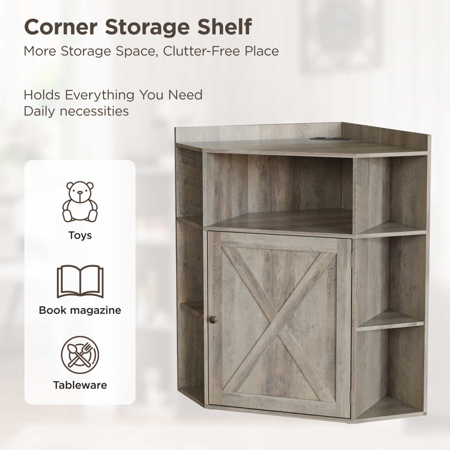Vabches Corner Cabinet, Corner Storage Shelf with USB Ports and Outlets 6-Cubby Bookshelf