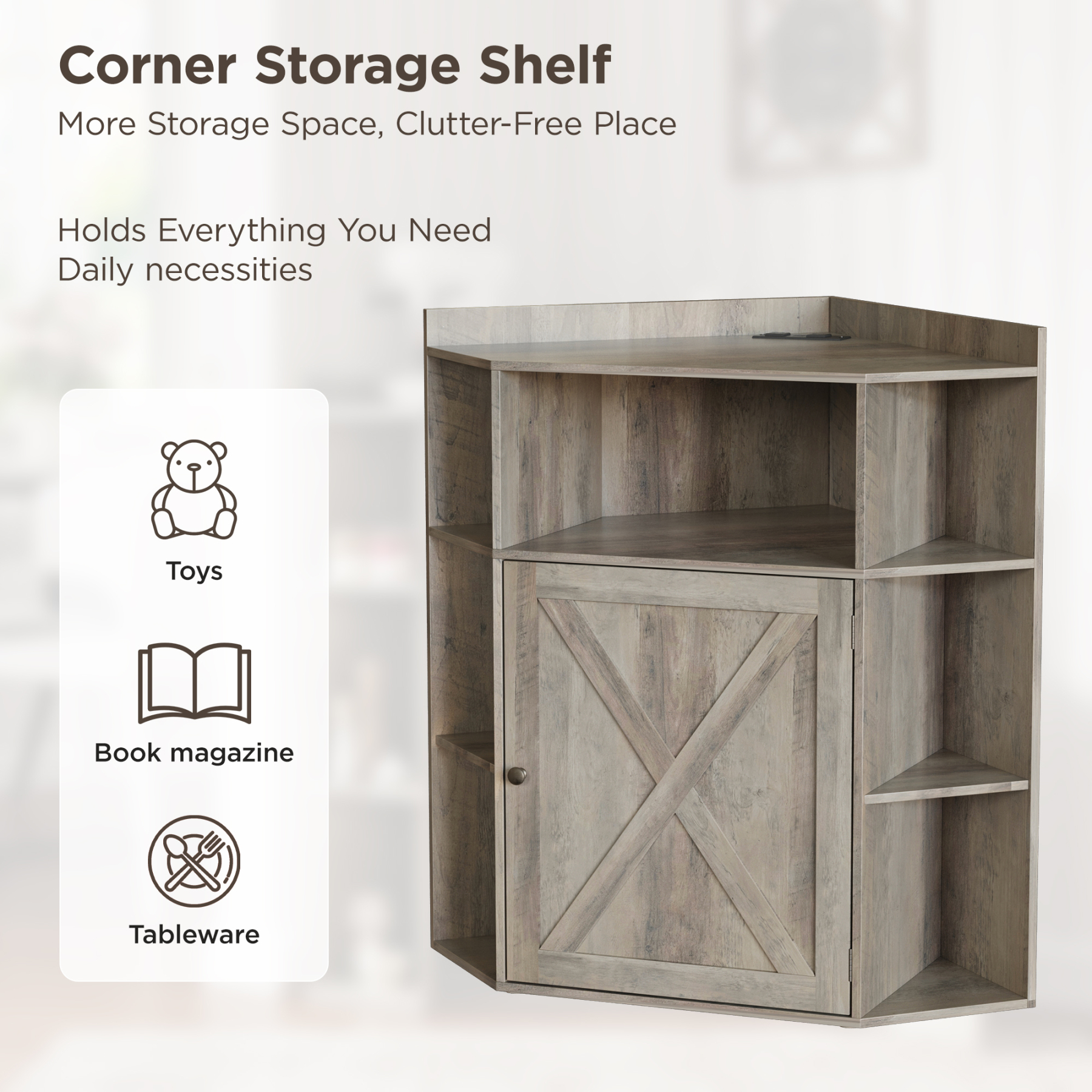Vabches Corner Cabinet, Corner Storage Shelf with USB Ports and Outlets 6-Cubby Bookshelf