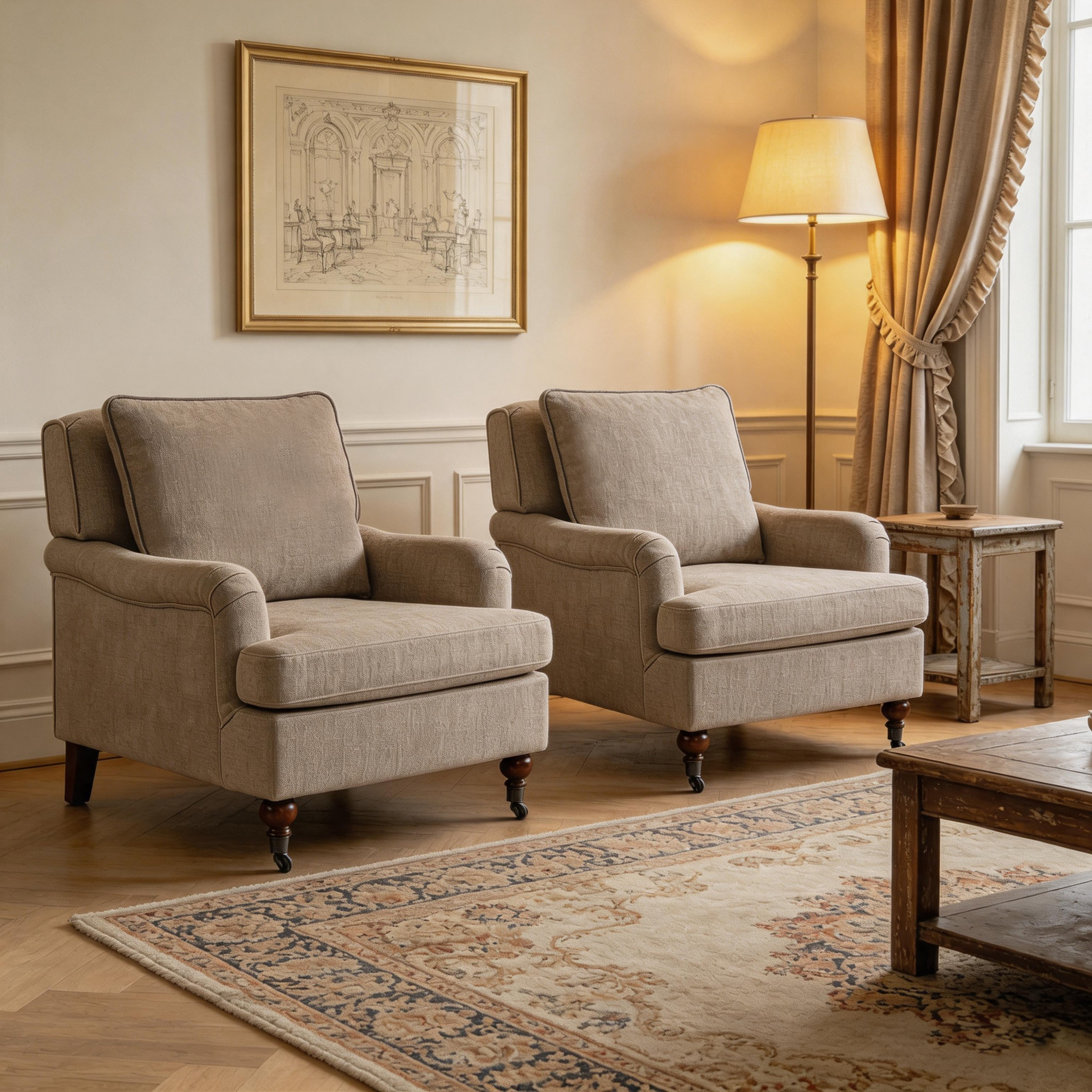 Conate Modern Accent Chair with Cushion, Cozy Chenille Reading Arm Chair with Wood Roller Legs for Living Room, Bedroom, Reading Nook, Beige