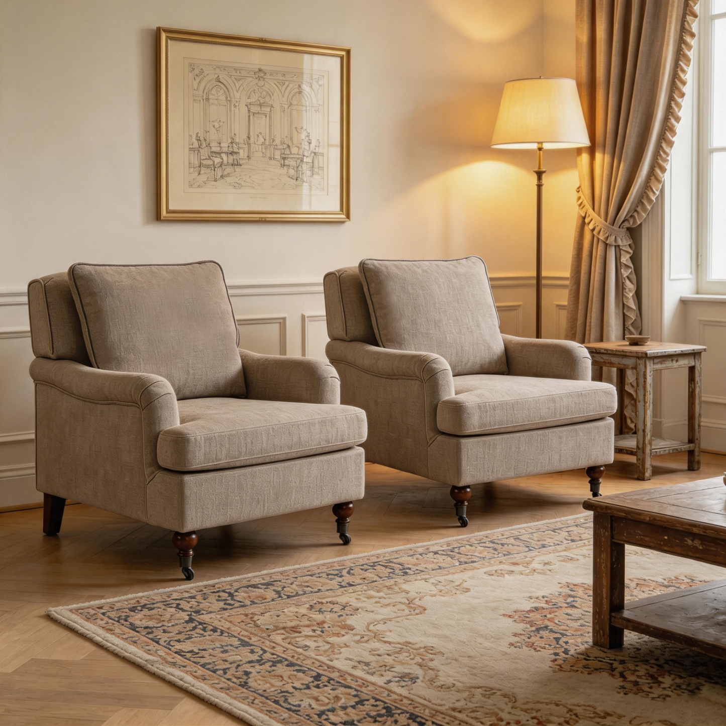 Conate Modern Accent Chair with Cushion, Cozy Chenille Reading Arm Chair with Wood Roller Legs for Living Room, Bedroom, Reading Nook, Beige