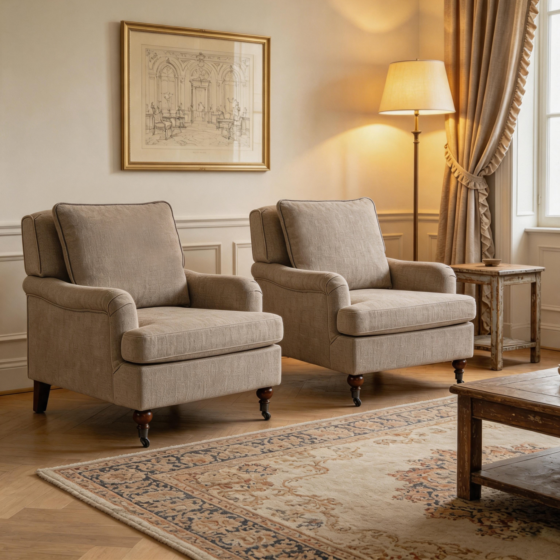 Conate Modern Accent Chair with Cushion, Cozy Chenille Reading Arm Chair with Wood Roller Legs for Living Room, Bedroom, Reading Nook, Beige
