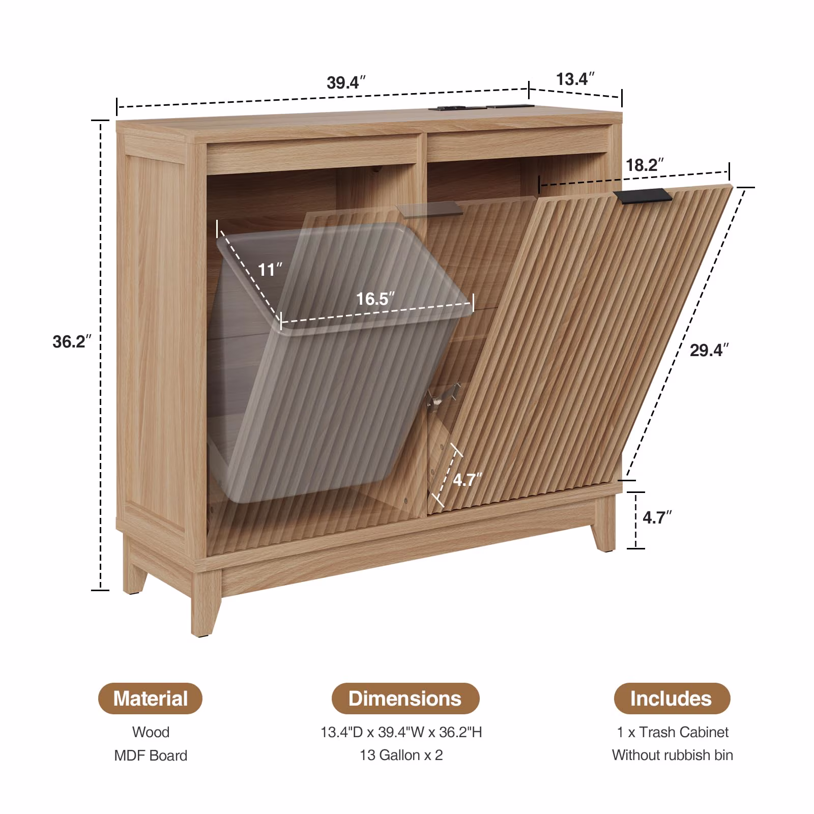 Conate 13 Gallon Double Tilt Out Trash Can Cabinet - Farmhouse Wood Kitchen Trash Cabinet with Odor Control, Hidden 2-Bin Garbage Storage Cabinet with Drawer & Charging Station,Natural