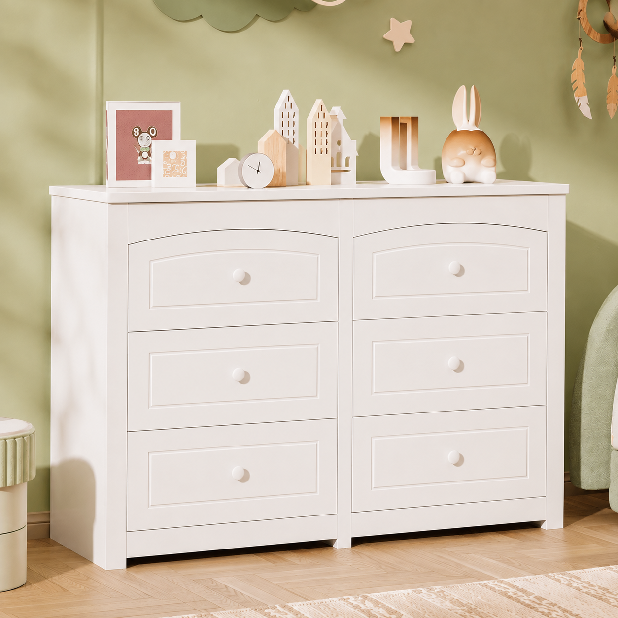 Veanerwood Kid’s Dresser for Bedroom with 6 Drawer, Wide Chest of Drawers Storage Organizer for Living Room, Hallway, Whit