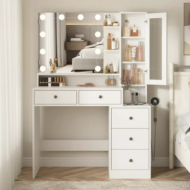 VEANERWOOD Makeup Vanity Desk with Lighted Mirror and Power Strip, Mod