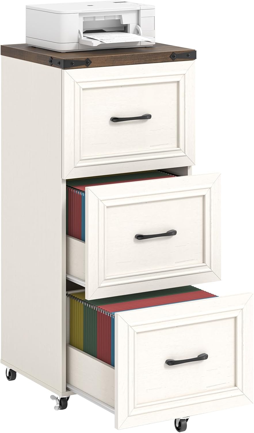 Halitaa 3 Drawers Tall Farmhouse File Cabinet with Wheels, Rustic White and Brown | Vertical Filing Cabinet Fits Letter/A4 Size, Mobile File Storage Cabinet Wooden Printer Stand for Home Office