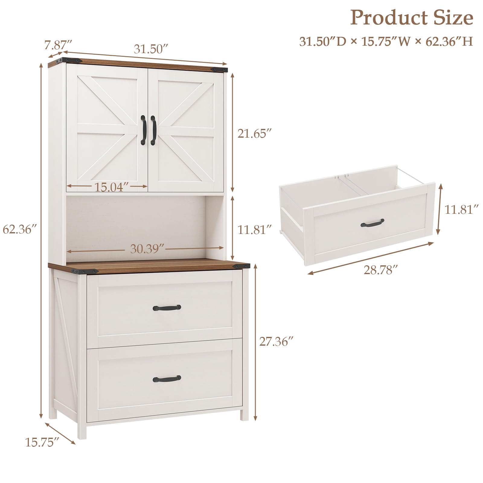Halitaa Farmhouse 2 Drawer Lateral File Cabinet, Rustic White Wood Cabinet|Hanging File Storage for Legal/Letter/A4 Size, Adjustable Shelves, Printer Stand with Bookshelf, Wood Cabinet for Home Office