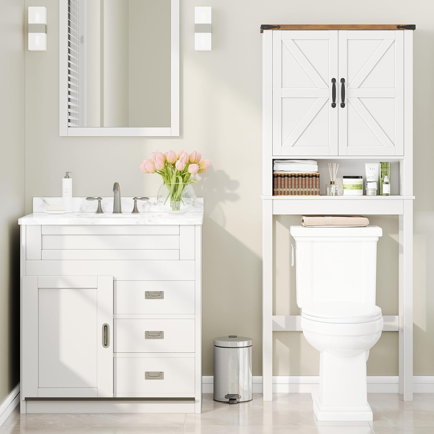 Over The Toilet Storage Cabinet, Farmhouse Over Toilet Bathroom Organizer with 2 Barn Doors, Narrow Above Toilet Storage Cabinet, Behind Toilet Bathroom Organizer