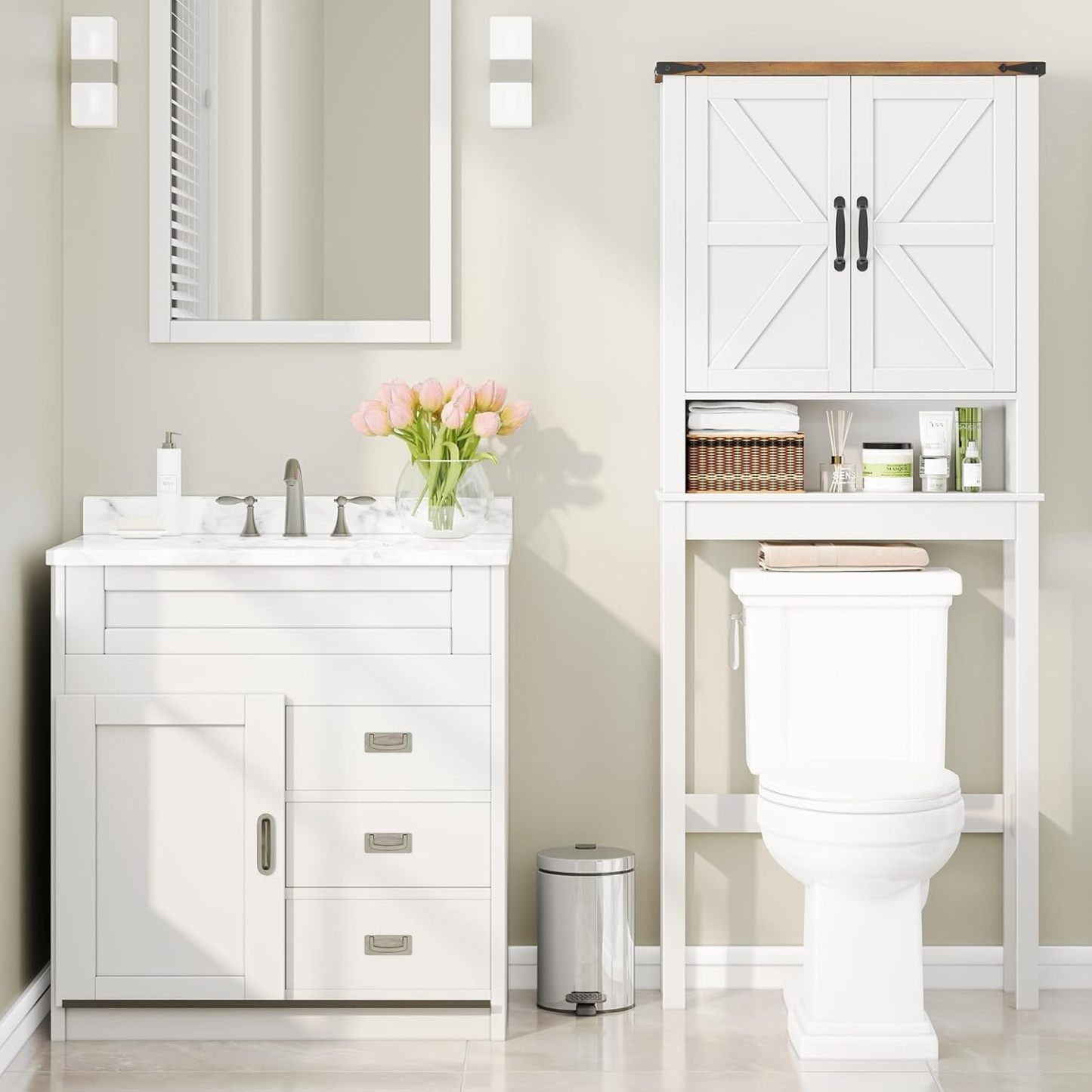 Over The Toilet Storage Cabinet, Farmhouse Over Toilet Bathroom Organizer with 2 Barn Doors, Narrow Above Toilet Storage Cabinet, Behind Toilet Bathroom Organizer