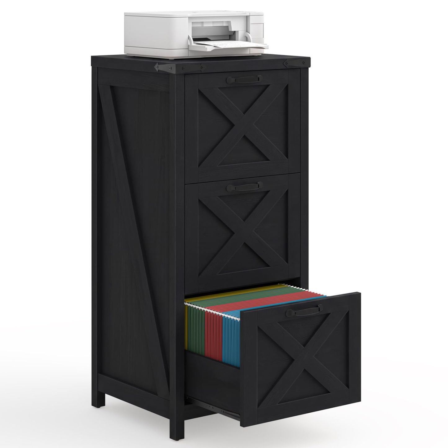 Halitaa Tall Farmhouse File Cabinet with 3 Drawers for Home Office, Black|Vertical Filing Cabinet Fits Letter/A4 Size, Wood File Cabinet Printer Stand for Living Room