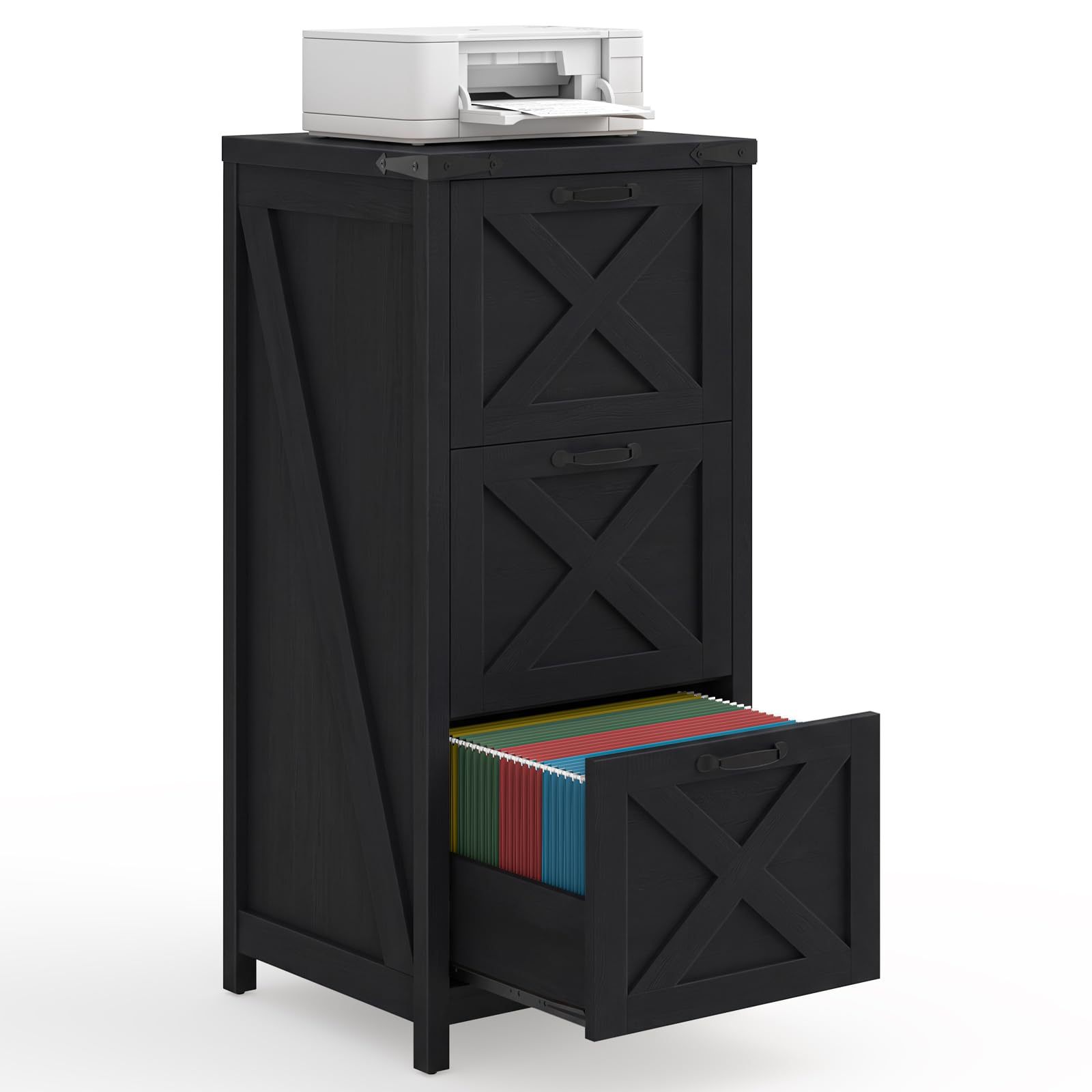 Halitaa Tall Farmhouse File Cabinet with 3 Drawers for Home Office, Black|Vertical Filing Cabinet Fits Letter/A4 Size, Wood File Cabinet Printer Stand for Living Room