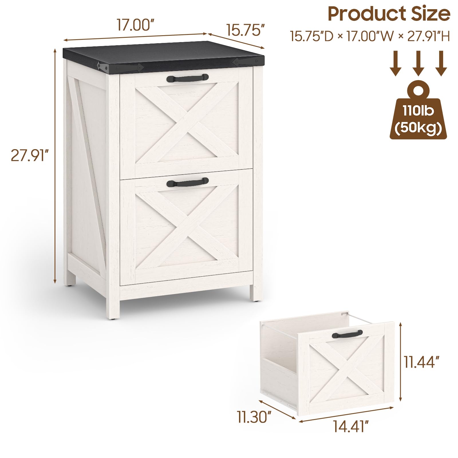 Halitaa File Cabinet with 2 Drawers for Home Office, Rustic White and Black