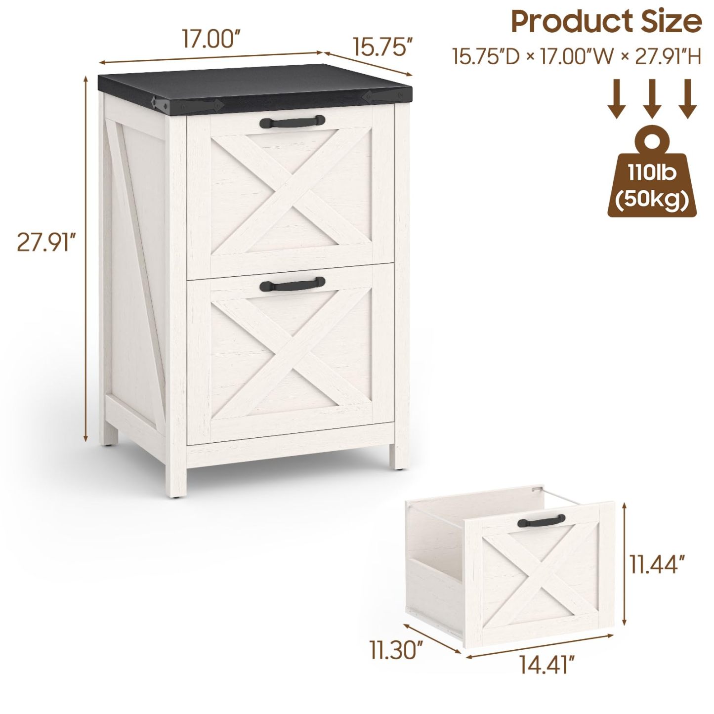 Halitaa File Cabinet with 2 Drawers for Home Office, Rustic White and Black