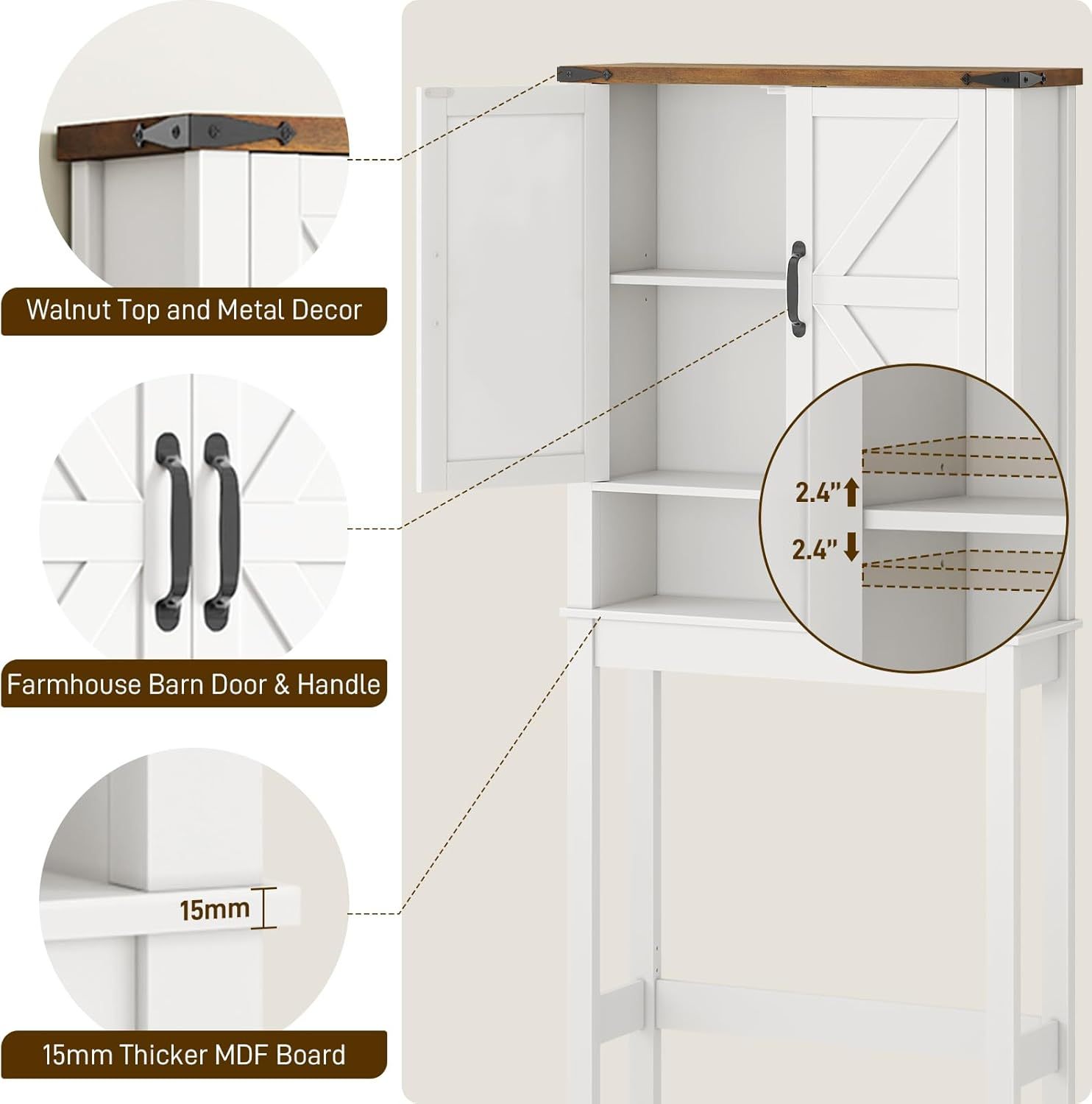 Over The Toilet Storage Cabinet, Farmhouse Over Toilet Bathroom Organizer with 2 Barn Doors, Narrow Above Toilet Storage Cabinet, Behind Toilet Bathroom Organizer
