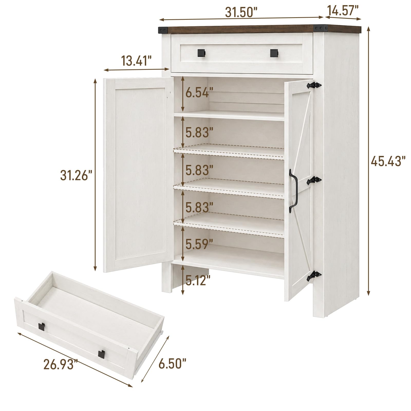 Halitaa Shoe Cabinet, Farmhouse Shoe Storage Organizer, Shoe Storage Cabinet with Doors & Drawer, Boots High-Shoe Cabinet Organizer for Entryway Living Room Hallway, Rustic White