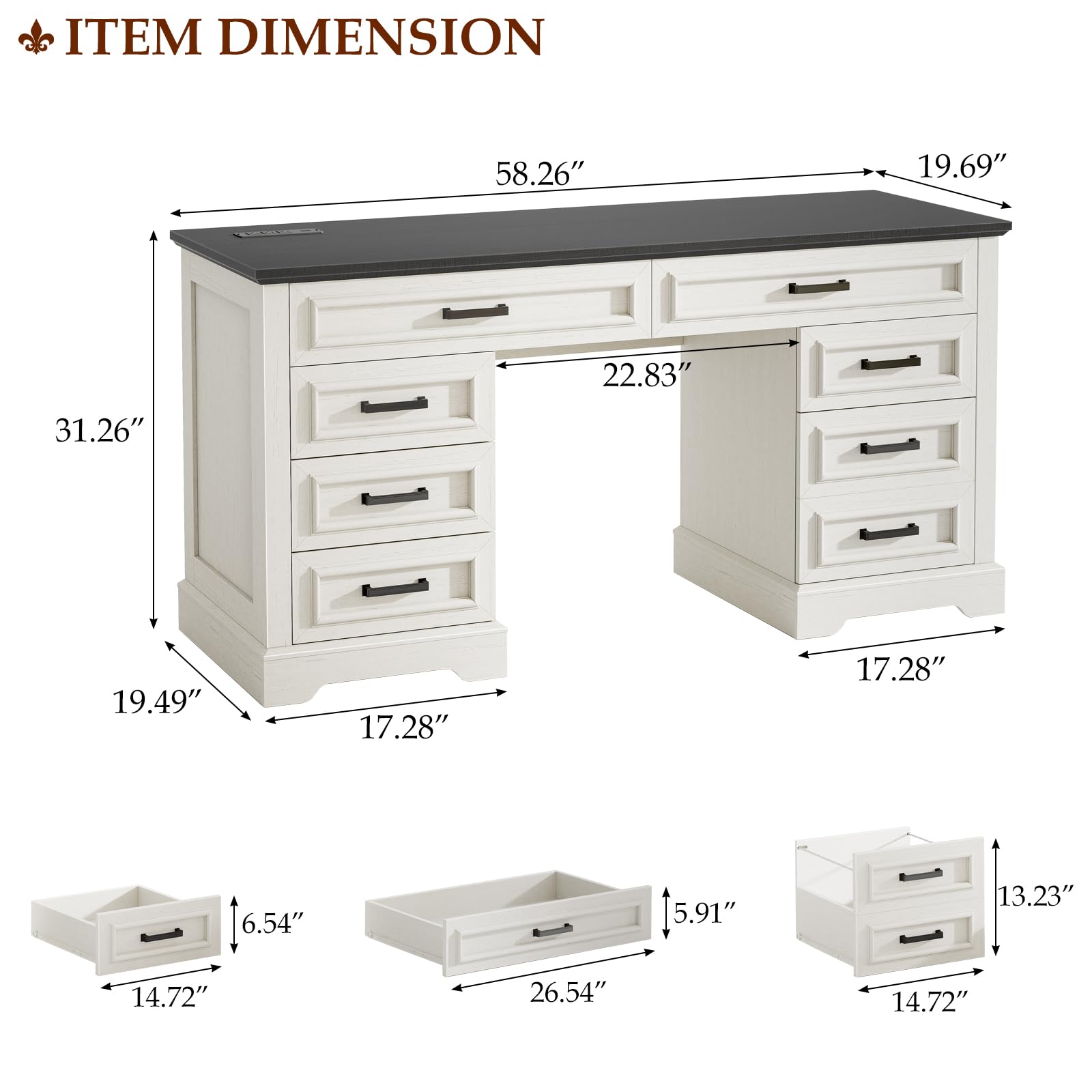 Halitaa 58" Farmhouse Desk with Drawers for Home Office | Wooden Executive Desk with Charging Station, Computer Desk with File Drawer and Storage Cabinet for Work, Study and Writing