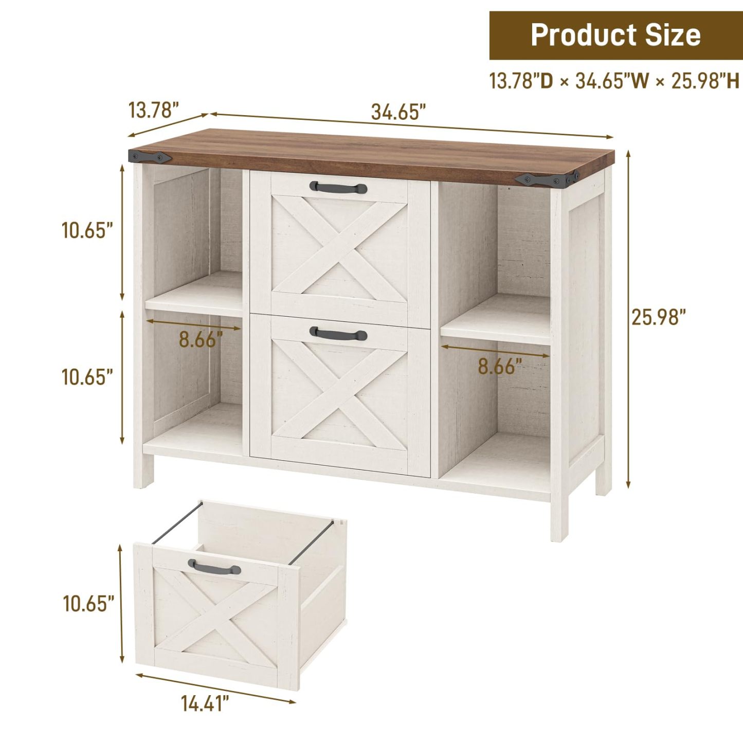 Halitaa Farmhouse Lateral File Cabinet with 2 Drawers and Shelves, Rustic White | Lateral Filing Cabinet Fits Letter or A4 Size, Wood Printer Stand with Open Storage Adjustable Shelf for Home Office