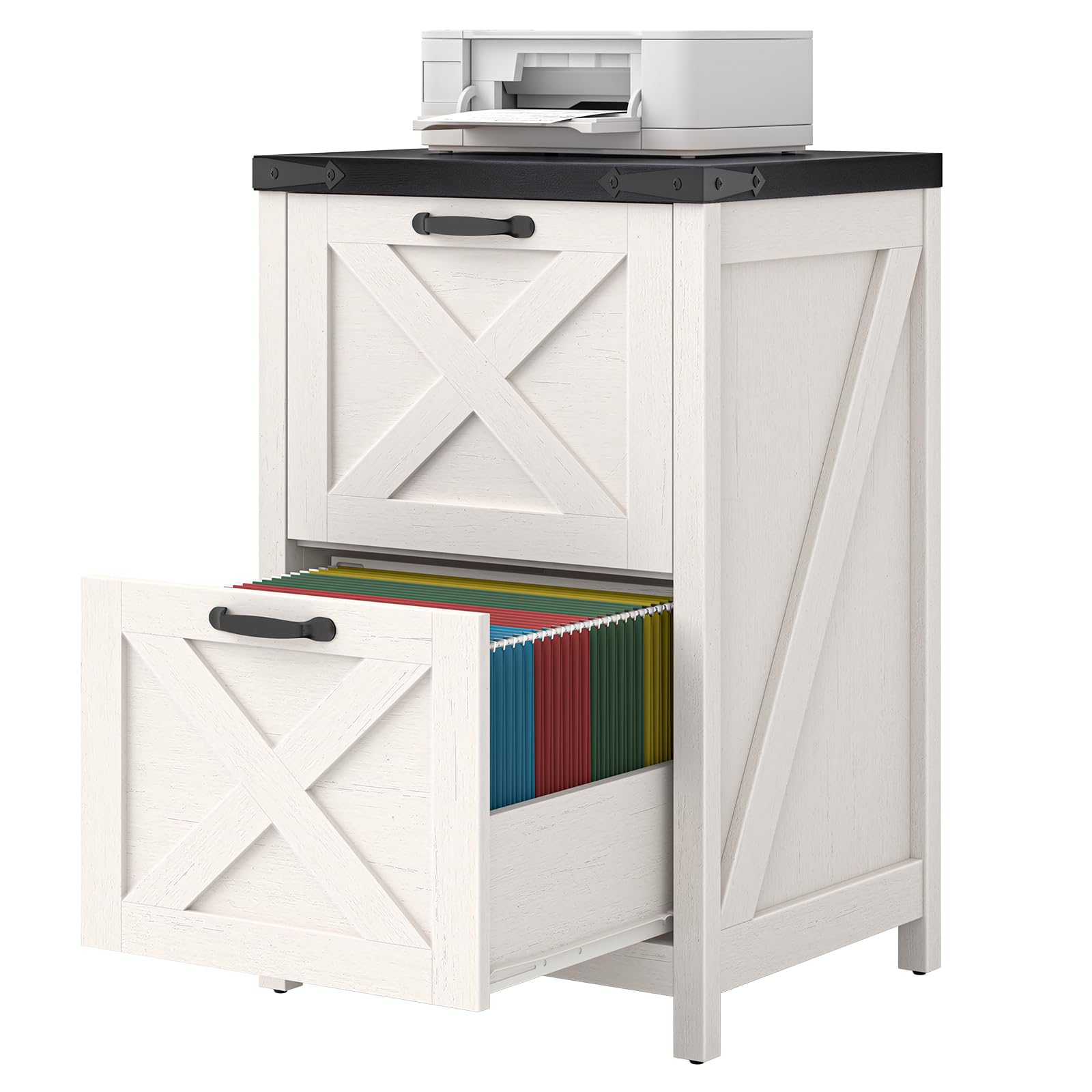 Halitaa File Cabinet with 2 Drawers for Home Office, Rustic White and Black
