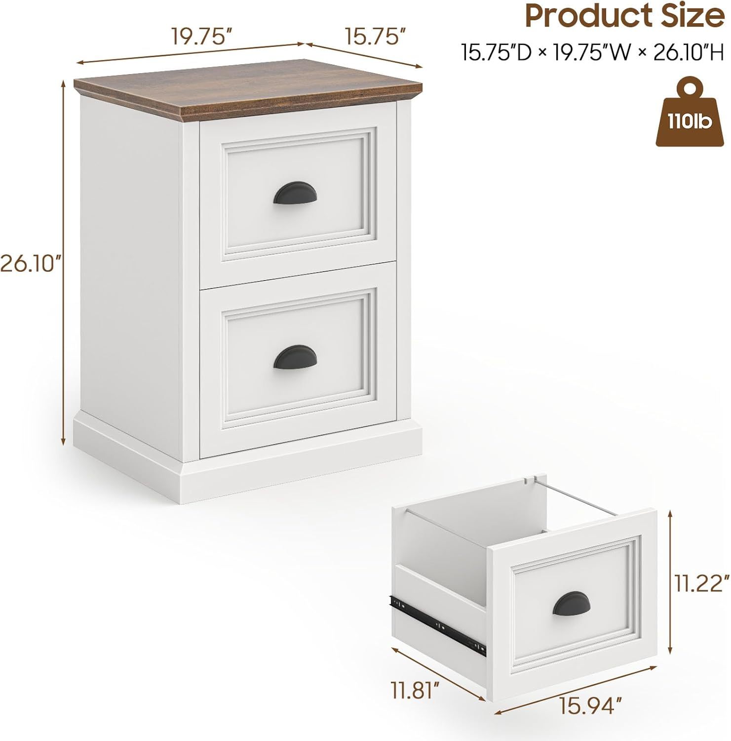 Vertical File Cabinet, Filing Cabinet with 2 File Drawers, Farmhouse Small File Cabinet Fits Letter/A4 Size, Wooden Printer Stand, Under Desk Cabinets for Home Office