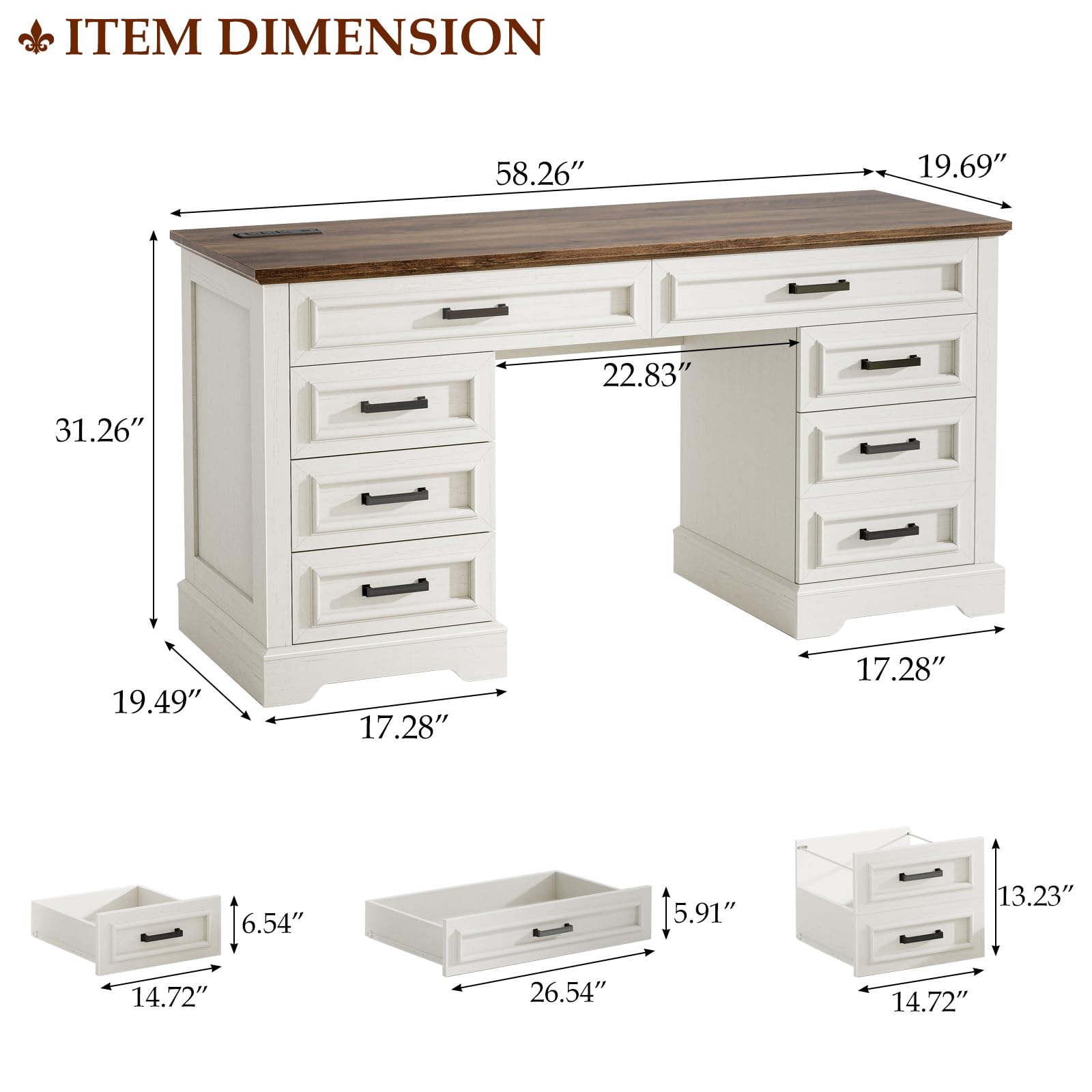 Halitaa 58" Farmhouse Desk with Drawers for Home Office | Wooden Executive Desk with Charging Station, Computer Desk with File Drawer and Storage Cabinet for Work, Study and Writing