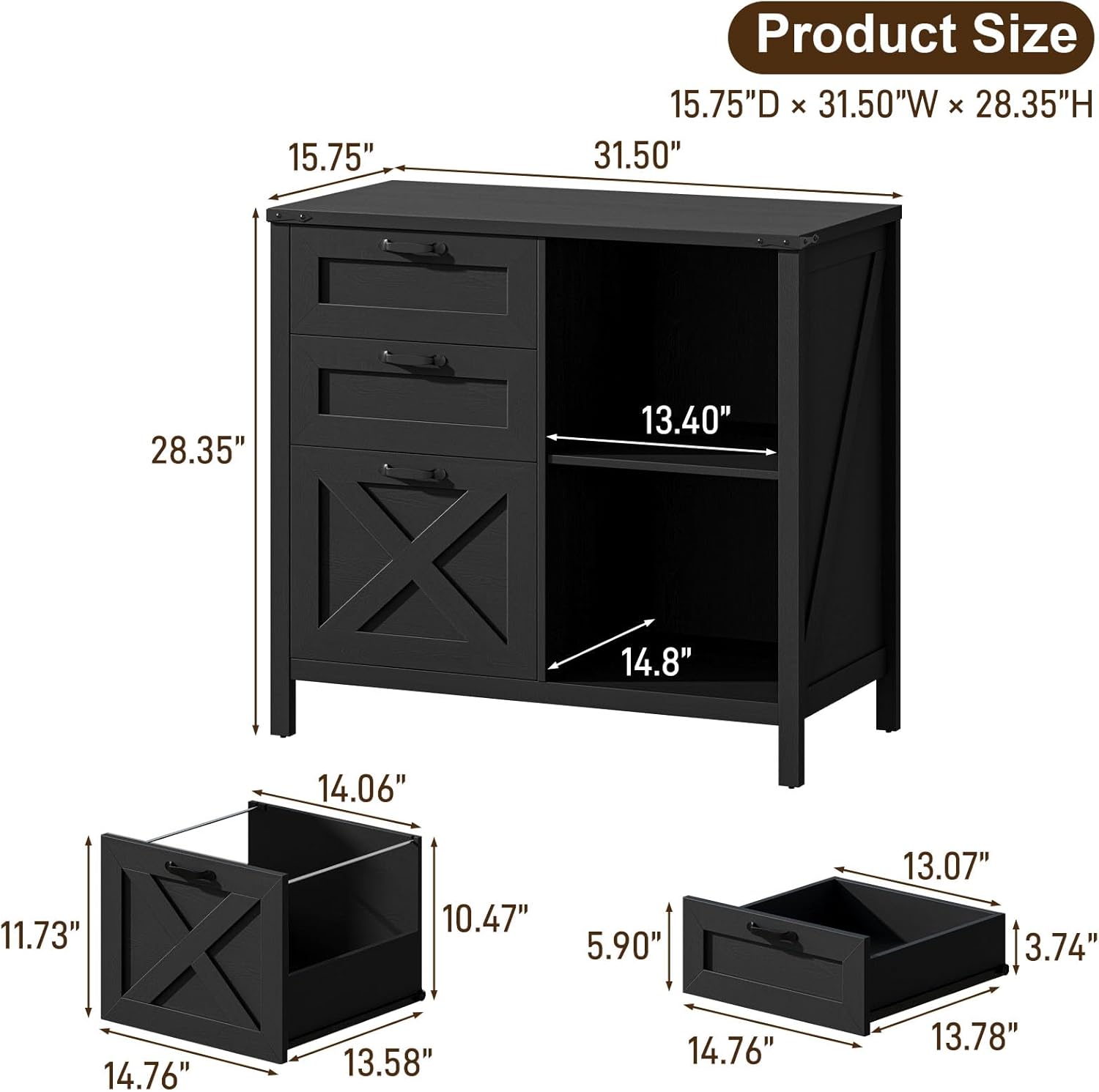 Halitaa 3 Drawer File Cabinet, Farmhouse Lateral Filing Cabinet Fits Files Letter or A4 Size, Wooden Printer Stand with Open Storage Adjustable Shelf for Home Office